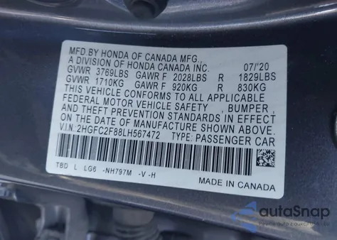 2020 Honda Civic Sport z USA, uszkodzony, nr VIN 2HGFC2F88LH567472